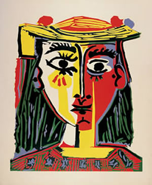Retrato de mujer con sombrero de borlas y blusa estampada, de Pablo Picasso